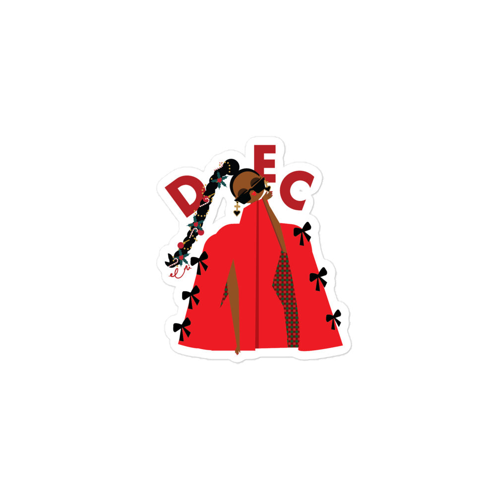 Sticker of a girl in a red outfit with black bows, wearing sunglasses, on a white background.