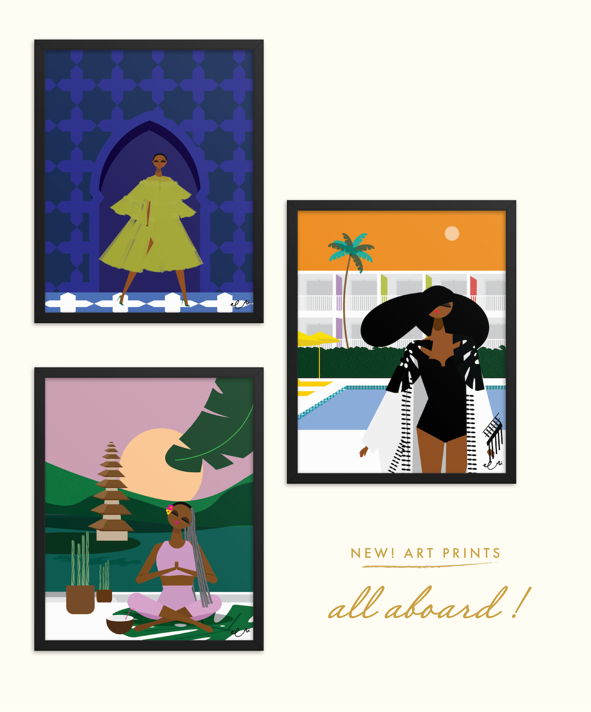 Eeni Art Prints Black Girl Traveling Bali Palm Springs Casablanca 